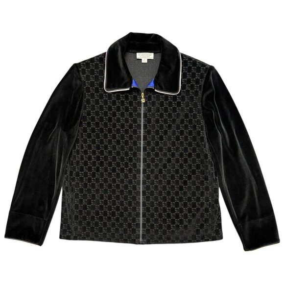 Y2K St. John Sport‎ Marie Gray Black Impressed Logo Velour Jacket Rich Mobwife - Picture 2 of 12